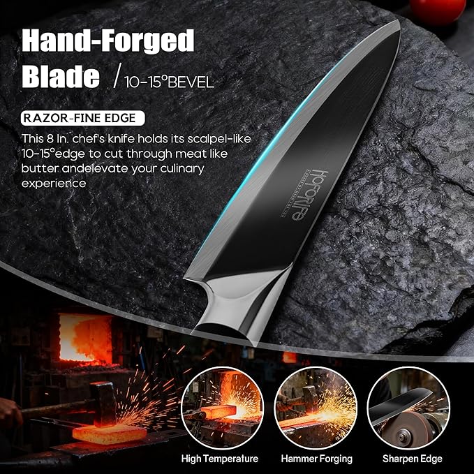 8" Chef's Knife, Japanese Hand Forged Chefs Knife High Carbon Steel Core with Black wooden Ergonomic Handle, Gift Box
