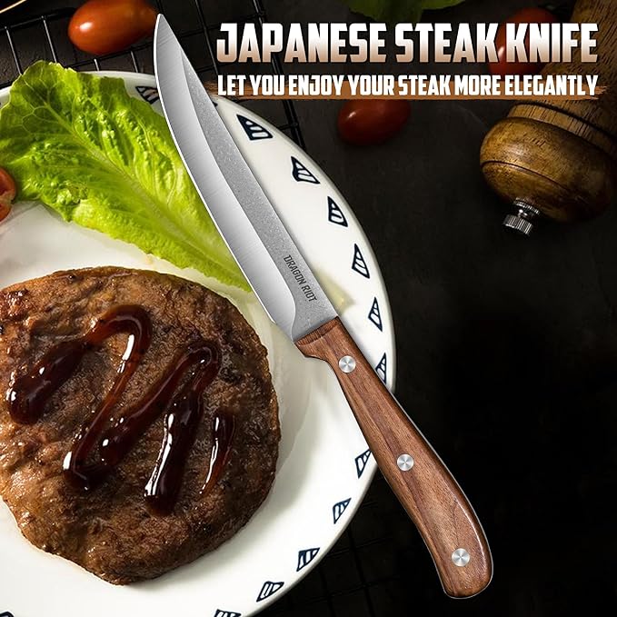 DRAGON RIOT Steak Knives Set of 4, Ultra Sharp Steak Knife Set Japanese VG-10 Stainless Steel Non Serrated Steak Knives Full Tang Wood Handle with Gift Box