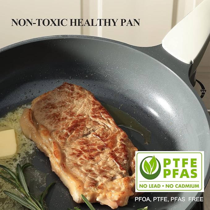 PRICUSIS Nonstick Ceramic Frying Pan, 8/10/12 Inch Non Toxic Skillet, Egg & Omelet & Chef's Pan, Induction Compatible & Oven Safe, Dishwasher Safe,PTFE PFAS & PFOA Free (10 Inch, Gray)
