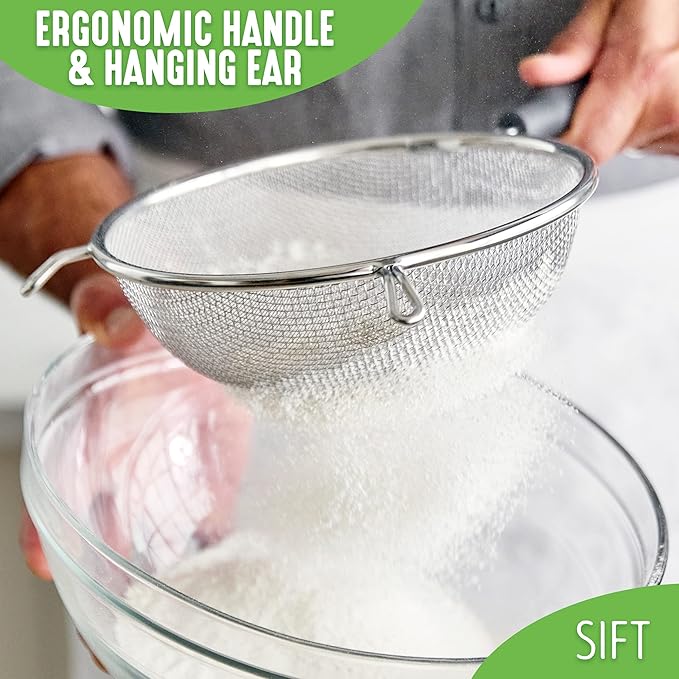 GreenLife Cooking Tools and Utensils, 4 Piece Extra Fine Stainless Steel Mesh Strainer Kitchen Set, Stay Cool Handles, Dishwasher Safe, BPA-Free, Grey