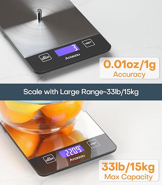 Atogou Food Scale, 33lb/15kg Rechargeable Kitchen Scale with Full-View Backlit LCD Display, Waterproof Stainless Steel Surface, Type-C Charging, Grams and Ounces for Baking, Cooking, Food Grey