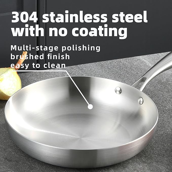 GadEdgen 304 Stainless Steel 9.5-inch Tri-Ply Frying Pan, Compatible With All Cooktops, Fast & Even Heat Distribution, Perfect for Stir-frying, Dishwasher Safe, Durable, and Made for Efficient Cooking