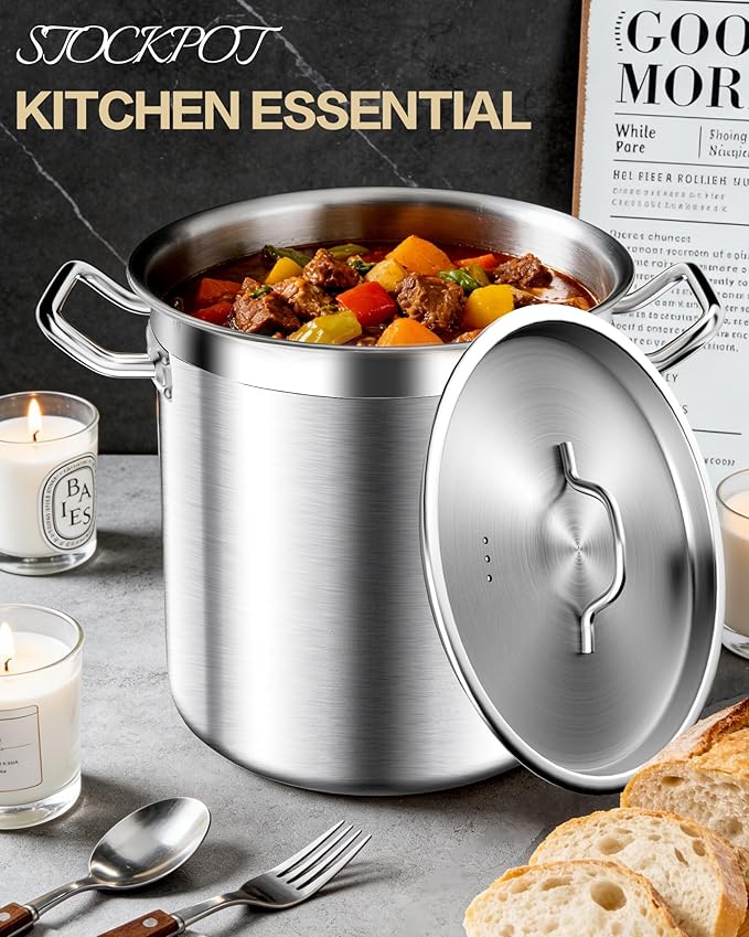 STOCKPOT 20 Quart Soup Pot with Lid – Stainless Steel Stock Pot, Heavy Duty Cooking Pot for Soup, Pasta, Stew – Induction & Oven Safe, Commercial & Home Use