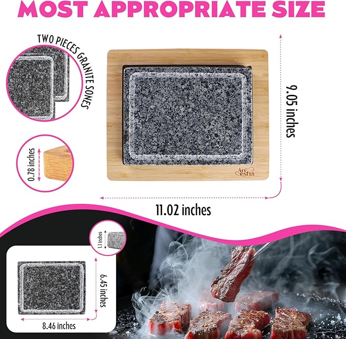 Artestia Steak Stone Grill Set with 2 Granite Stones & 1 Bamboo Tray – Restaurant-Style Hot Stone Cooking Set for Sizzling Steak, BBQ, Hibachi, Indoor Tabletop Grilling