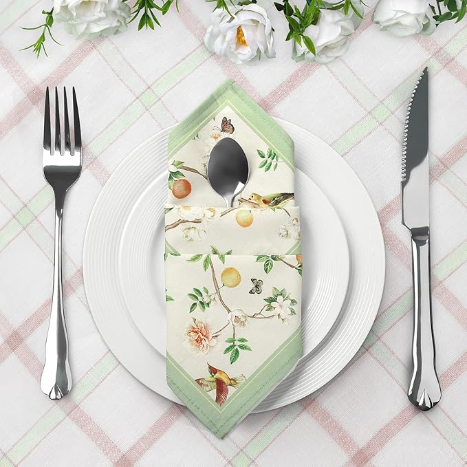 Bird Branch Napkins, 18×18 Inch Floral Dinner Cloth Napkins Set of 6, Washable Cotton Soft Absorbent Square Napkins for Dining Kitchen Party Wedding Decoration