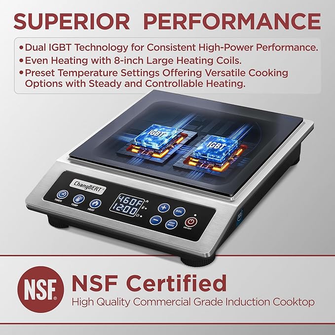 ChangBERT Portable Induction Cooktop Enhanced Version, One-Click Max Power 1800W Large Heating Coil Burner, Precise Temperature Control, NSF Certified, Low Noise Hot Plate for Home & Commercial