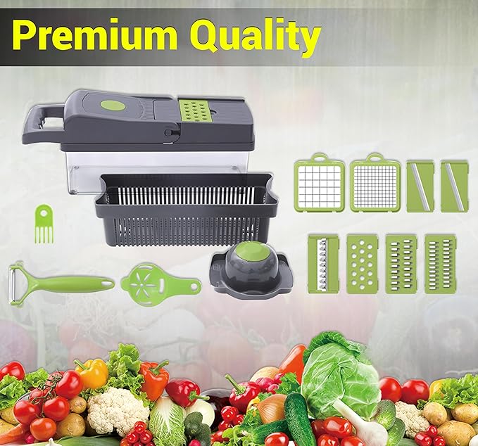 NEEZ Vegetable Chopper 15 in 1 – Multifunctional Mandoline Slicer Dicer, Cutter & Grater for Onion, Potato, Salad & Garlic with Drain Basket Container (Black and Green)