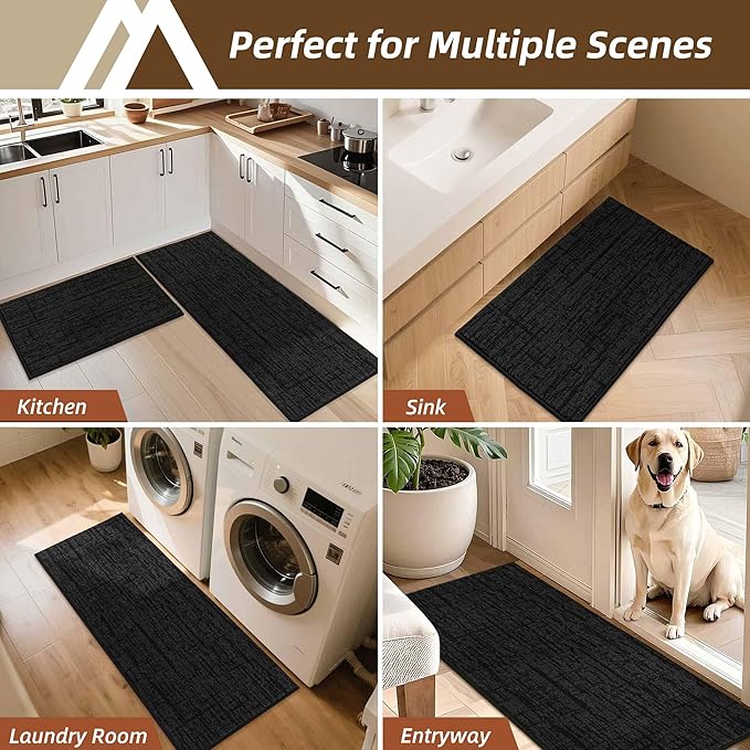 COSY HOMEER Kitchen Rugs Non Slip Washable 24"x36"+24"x60",Absorbent Soft Kitchen Mats for Floor,Polyester Kitchen Runner Rug Sets of 2,Kitchen Floor Mats for Sink Mat,Hallway,Laundry,Black