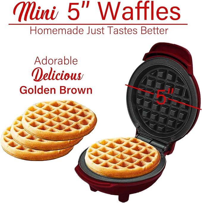 Brentwood 5” Non-Stick Mini Maker for Waffles, Keto Chaffles, Hash Browns, and More (Red)