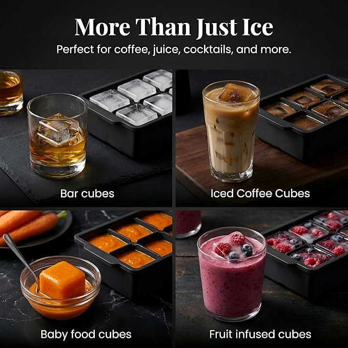 KitchFort Large Silicone Ice Cube Tray (3-Pack), Easy Release 2" Big Ice Cubes - Cocktail, Whiskey Ice Cubes Mold - Ice Trays for Freezer with Lid - Stackable Silicone Ice Tray - Black