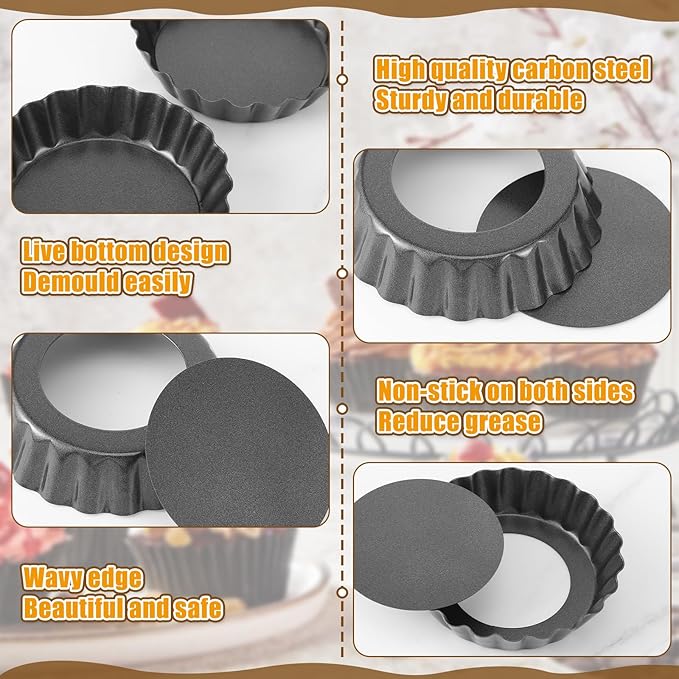 16 Pcs Mini Tart Pans Egg Tart Molds with Removable Bottom Round Nonstick Quiche Pan Mini Pie Pans Small Bakeware Mold Fluted Side for Mousse Cake Dessert Baking (3 Inch, Dark Gray)