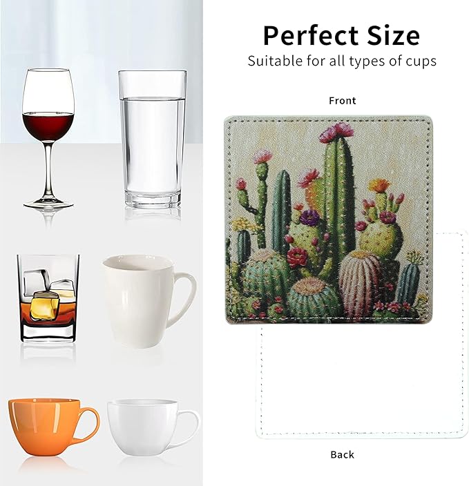 Marble Coasters Square Leather Drinks Coaster Set with Holder for Coffee Table Bar Home Decor 4 Inches Set of 6 (Cactus, One Size)