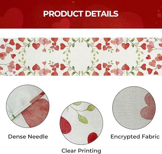 Valentines Day Table Runner 13x48 Inch, Floral Love Hearts Valentine Table Runner, Anniversary Home Kitchen Dining Table Holiday Party Decorations