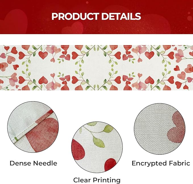 Valentines Day Table Runner 13x60 Inch, Floral Love Hearts Valentine Table Runner, Anniversary Home Kitchen Dining Table Holiday Party Decorations
