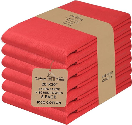 Urban Villa Kitchen Towel100% Cotton Red Color Dish Towels for Kitchen Size 20x30 inches(Set of 6) Highly Absorbent Multiuse Dish Cloths with Hanging Loop Quick Drying Soft Premium Hand &Tea Towels