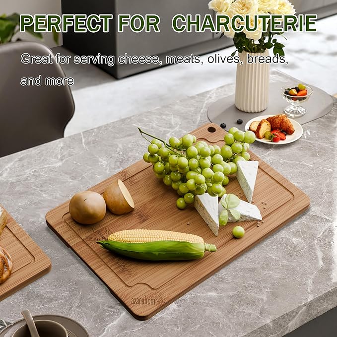 Bamboo Cutting Boards for Kitchen, Wood Cutting Board Set with Juice Grooves & Built-in Handles, Easy Storage & Clean Chopping Board for Meat, Vegetables, Fruit(2 Pcs)