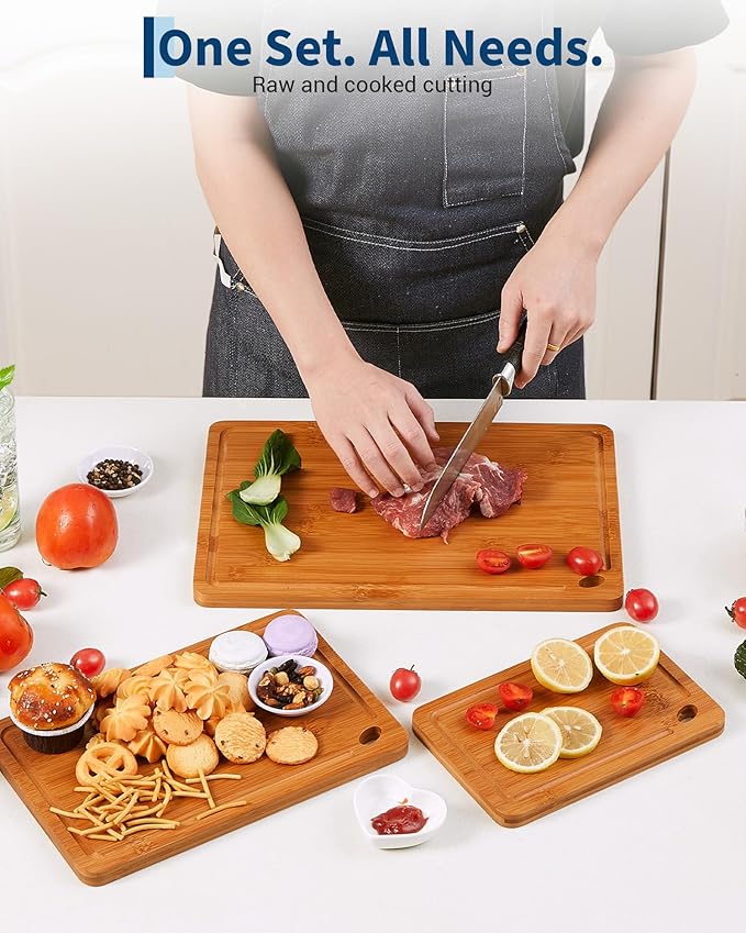 Garvee Bamboo Cutting Board Set of 3, Multi-Sizes Kitchen Cutting Boards with Deep Juice Grooves & Built-in Handle, Wooden Chopping Boards for Charcuterie, Vegetables & Fruit