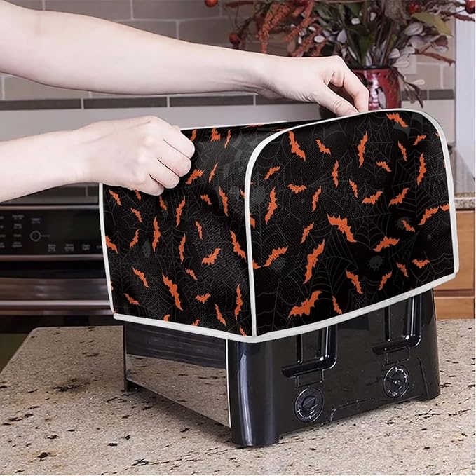 Annejudy Halloween Spider Web Bats Toaster Cover - Dustproof & Waterproof 4 Slice Small Appliance Cover