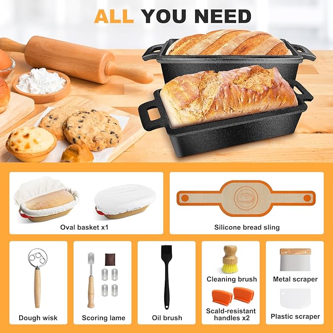 MSJGA 9×5 Inch Cast Iron Loaf Pans with Lid for Bread Baking, 2 In 1 Bread Pan with Sourdough Bread Baking Supplies