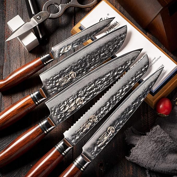 YARENH Kitchen Knife Set, 8 Piece Professional Damascus Chef Knives, Sharp High Carbon Stainless Steel Blade, 73 Layers, Full Tang, Dalbergia Wood Handle, Walnut Wooden Block and Sharpener Stone