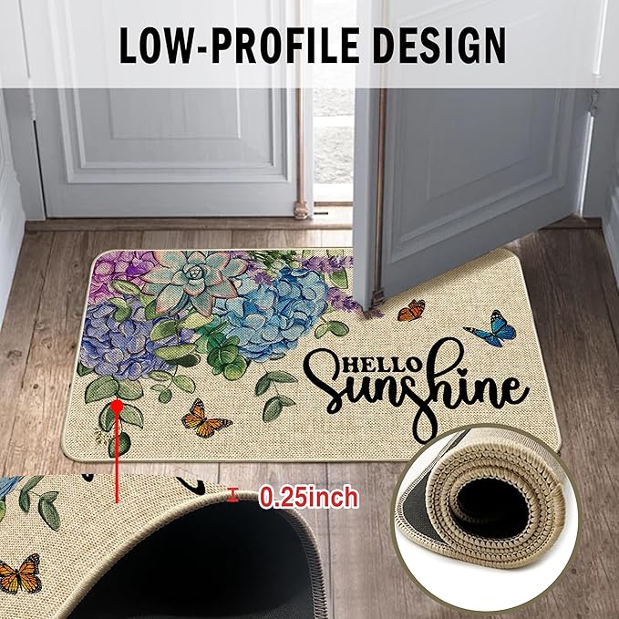 Spring Kitchen Rug and Mat Set of 2 Hydrangea Flowers Floor Mat Non Slip Rubber Backing Low-Profile Kitchen Rugs for Floor Summer Kitchen Decor for Home Bath Office- 17x29 and 17x47 Inch