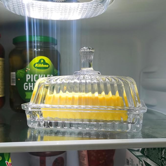 Clear Glass Butter Dish with Lid, Covered Crystal Butter Stick Holder Tray, Glass Butter Storage Container for Fridge Countertop