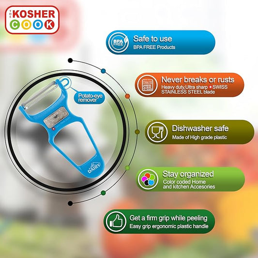 The Kosher Cook Y Vegetable Peeler - Heavy Duty, Ultra Sharp Stainless Steel Blade - Swiss Peeler - Easy Grip Plastic Handle - Color Coded Kitchen Tools - Blue