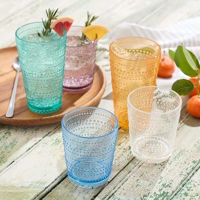 Santa Fe Blue Set of 6 Premium Acrylic Ice Tea Glass 22 oz – Unbreakable Drinkware with Textured Bubble Design, Shatterproof Tumblers for Indoor & Outdoor Use