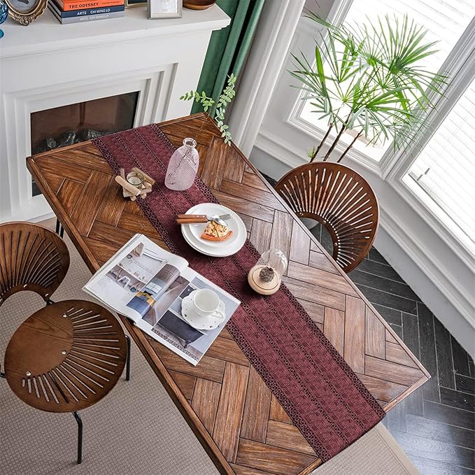 Alynsehom Macrame Table Runner Burgundy Boho Table Runners with Tassels Hand Woven Cotton Table Runner Rustic Farmhouse Table Runners for Bohemian Kitchen Dining Table(12x108in)