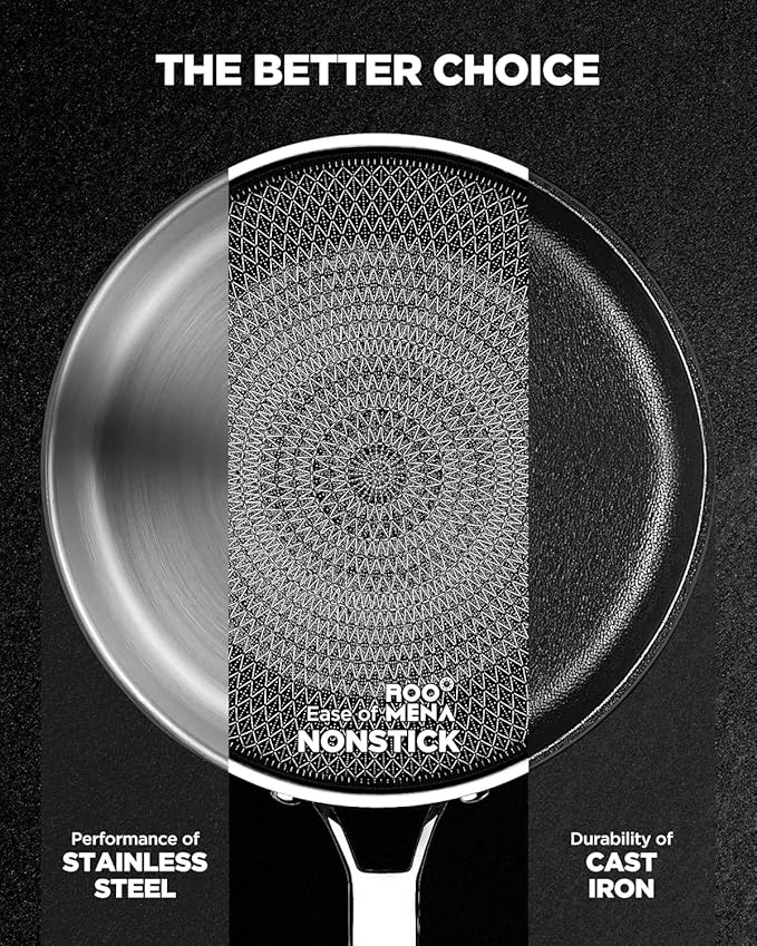 Non Stick Frying Pans Hybrid Ceramic With Lid, 12 Inch Tri-Ply Stainless Steel Skillet, Non-Toxic, PFAS/PFOA/PTFE Free, Metal Utensil Safe, Dishwasher & Oven Safe,Upgraded Version