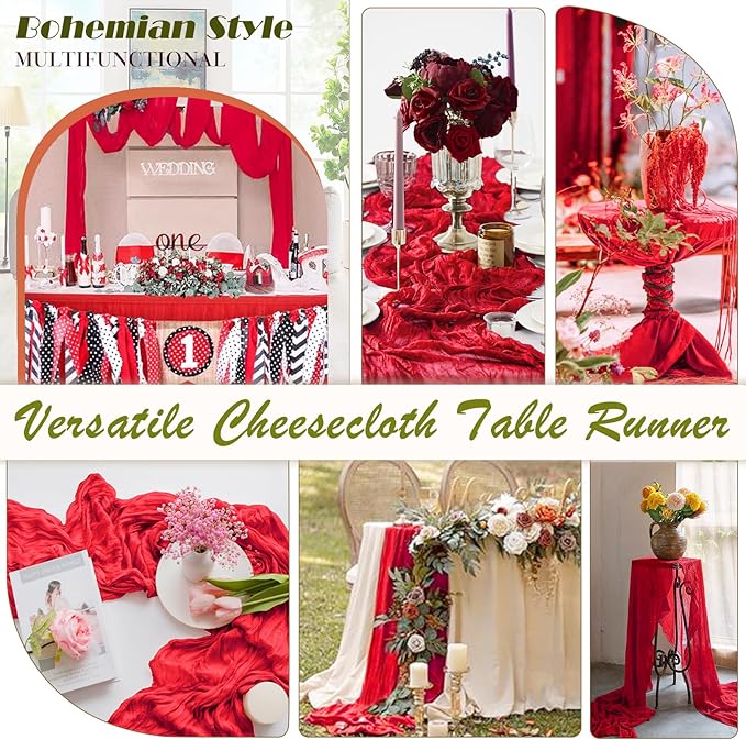 Red Cheesecloth Table Runner 2 Pack 35" Boho Gauze Table Runner 120 inches Long Runner Rustic Sheer Fabric Bulk for Baby Shower Wedding Bridal Birthday Party Table Decorations