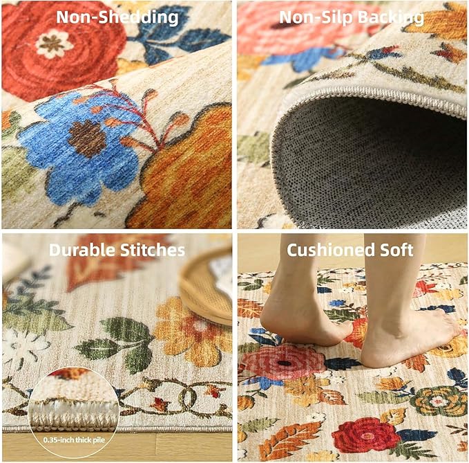 3x5 Washable Area Rugs for Bedroom: Entry Throw Rug Stain Resistant Distressed Boho Rug Non Slip Low Pile Small Carpet for Bedroom Kitchen Entryway Living Room Bedside Office Entrance