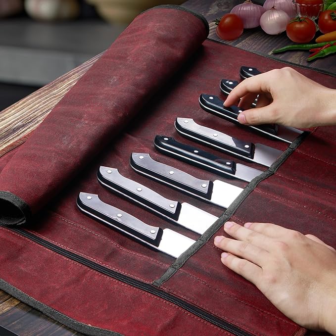 Chef Knife Roll Bag,Waxed Canvas Knife Travel Case,Heavy Duty Professional Knife Carrier Storage Holder with 10 Slots,Portable Kitchen Culinary Tool Organizer for Men,Fits up to 18.8” Knives.Burgundy