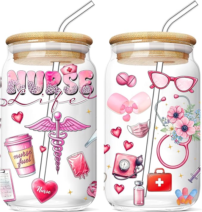 Gifts For Nurse - Nurse Life Glass Cup with Lid & Straw 16 Oz - Nurses Week Gifts - Nursing Student RN Practitioner Gift - Retirement Graduation Christmas Caregiver Appreciation Nursing Ideas