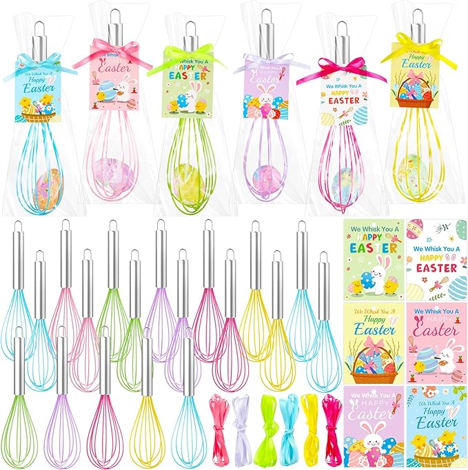 24 Sets 10 Inch Easter Whisks Gifts for Kids Home Baking Sets Includes Colored Whisks, Greeting Cards, Ribbons, Plastic Bags for Happy Easter Teacher Family Friends Neighbor