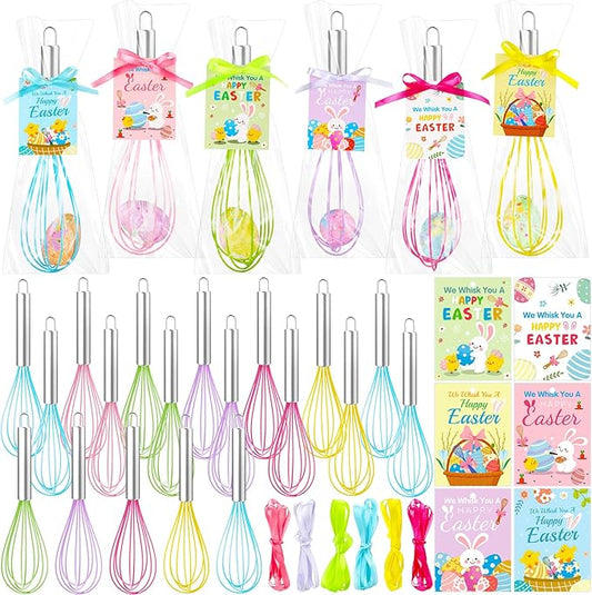 24 Sets 10 Inch Easter Whisks Gifts for Kids Home Baking Sets Includes Colored Whisks, Greeting Cards, Ribbons, Plastic Bags for Happy Easter Teacher Family Friends Neighbor