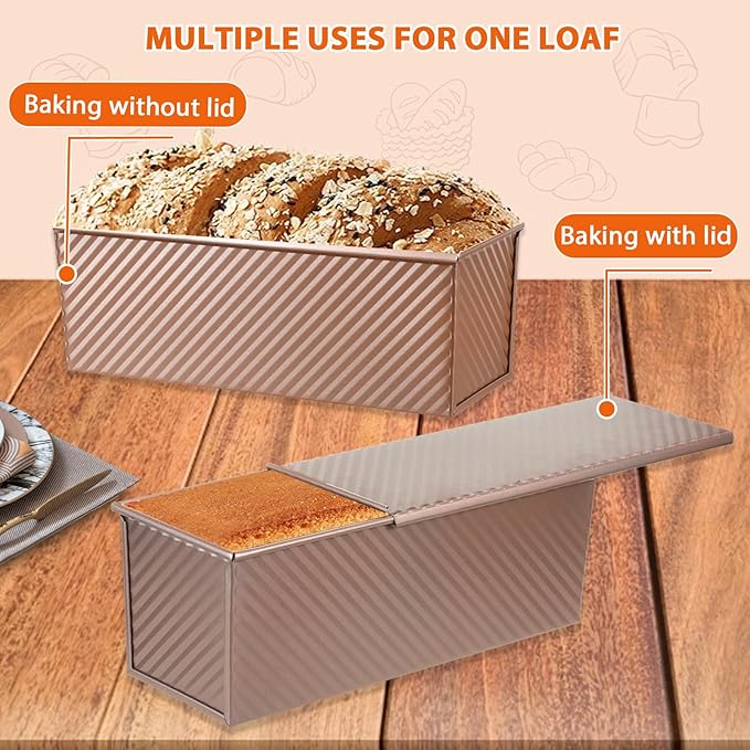 AVSQUINE Non-Stick Pullman Loaf Pan with Lid 13x4 Inch - 2.2lb Carbon Steel Bread Baking Pan with 4 Vent Holes, Heavy Duty Sourdough Loaf Pan with Cover for Homemade Sandwich Bread (Gold)