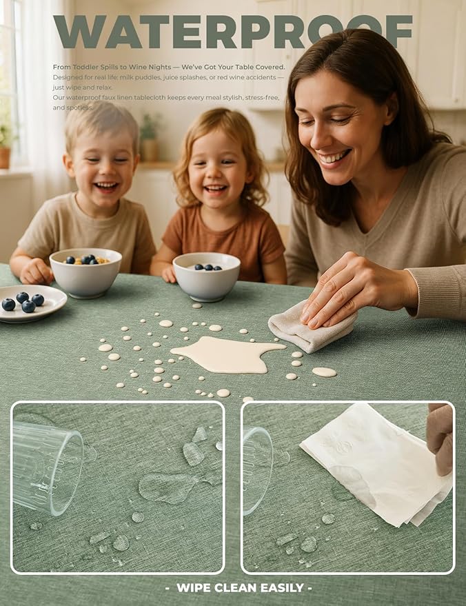 Faux Linen Farmhouse Table Cloth 60"x144" for 10 ft Rectangle Table, Sage Green Waterproof Outdoor Washable Cloth Tablecloth for Rectangular Dining Room Kitchen Outdoor Party Restaurant Table