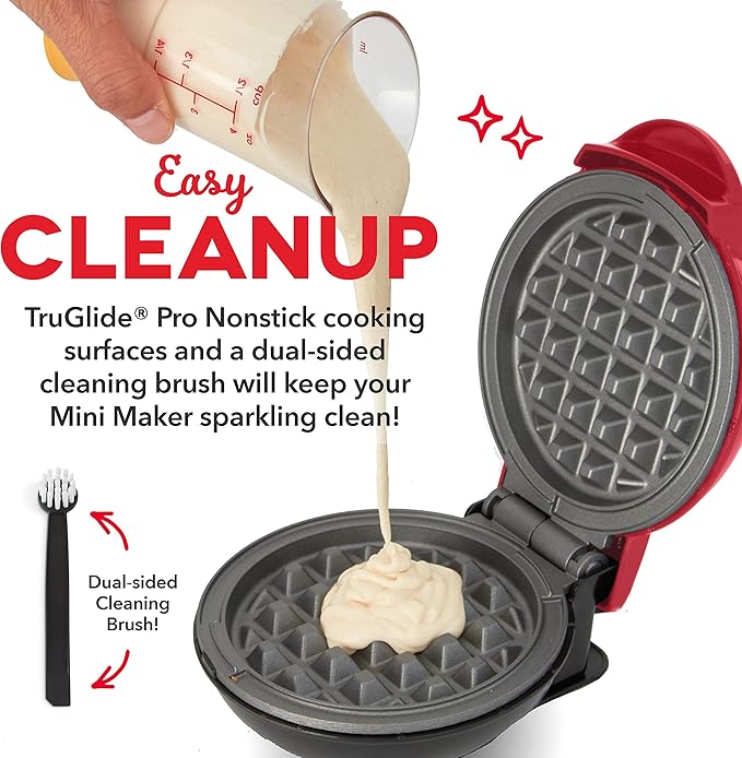 Dash Deluxe Mini Waffle Maker- Compact, Easy-to-Clean Breakfast Appliance - Convenient Cord Wrap - Cleaning Brush Included - 4-Inch - Apple Red