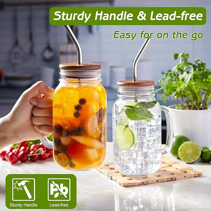 DRASTAR 24oz Iced Coffee Cups Set of 4, Mason Jar Cups, Glass Cups with Lids and Straws, Mason Jars with Handles, Mason Jar Drinking Glasses