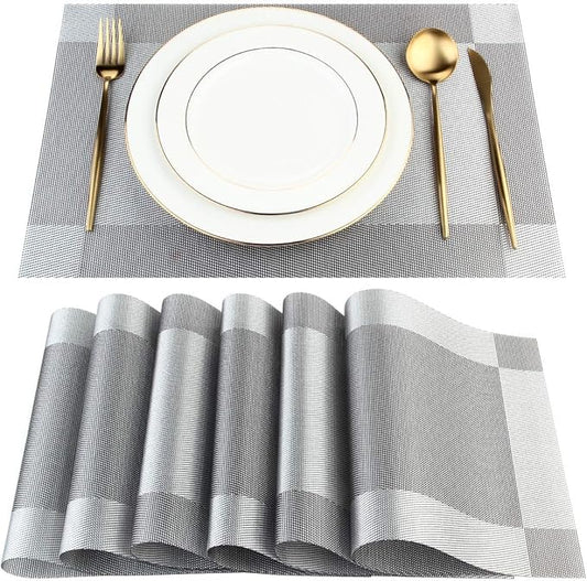 DACHUI Placemats Set of 6, Linen Look Woven Place Mats, Water Resistant, Heat Resistant, Washable, Durable Table Mats (Silver Grey)
