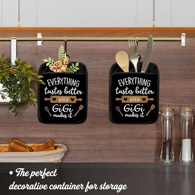 Gigi Gifts Pot Holders with Pockets, Grandma Kitchen Gifts, Everything Tastes Better When Gigi Makes It Pot Holders Heat Resistant Oven Mitts Hot Pads for Kitchen Baking Cooking