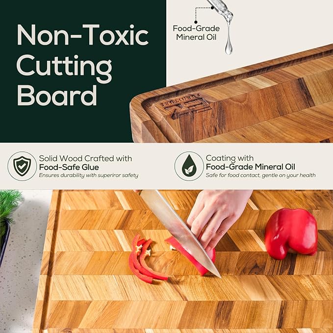 EZ FURNITURE Large (L) Teak Herringbone Wood Premium Cutting & Serving Board, Knife Friendly, Juice Groove & Handles, Pre-Oiled with Food-Grade Mineral Oil, Non-Toxic (20" x 15" x 1.15", 8.16 lbs)