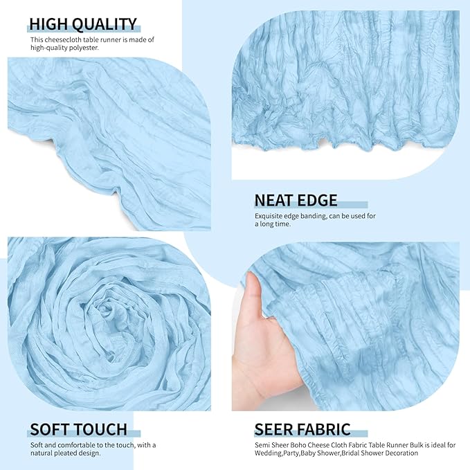 12 Pack Baby Blue Cheesecloth Table Runner 10Ft, Gauze Table Runners 21.5 x 120 inch,Semi Sheer Cheese Cloth Fabric Runner Bulk for Wedding,Party,Baby Shower,Bridal Shower