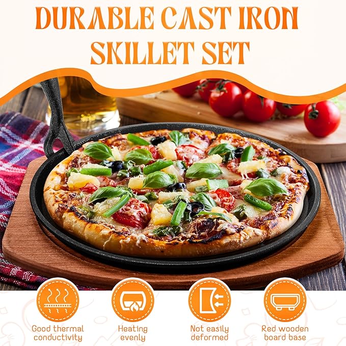 Mimorou 2 Sets Cast Iron Fajita Plate Set 9.84'' Steak Plate Sizzling Pan with Wooden Base and Gripper for Home Restaurant Kitchen Catering Cooking for Grilling Meats Seafood