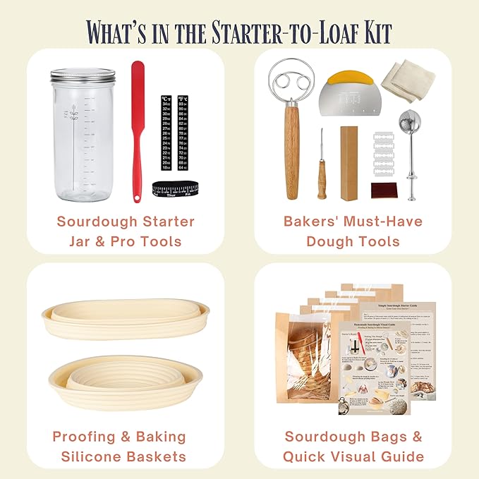 JoeCo Sourdough Starter Kit, Complete Starter-To-Loaf Set with Instructions, Sourdough Starter Jar, Silicone Proofing Baskets, Danish Dough Whisk, Dough Scraper, Bread Lame & Sourdough Baking Supplies