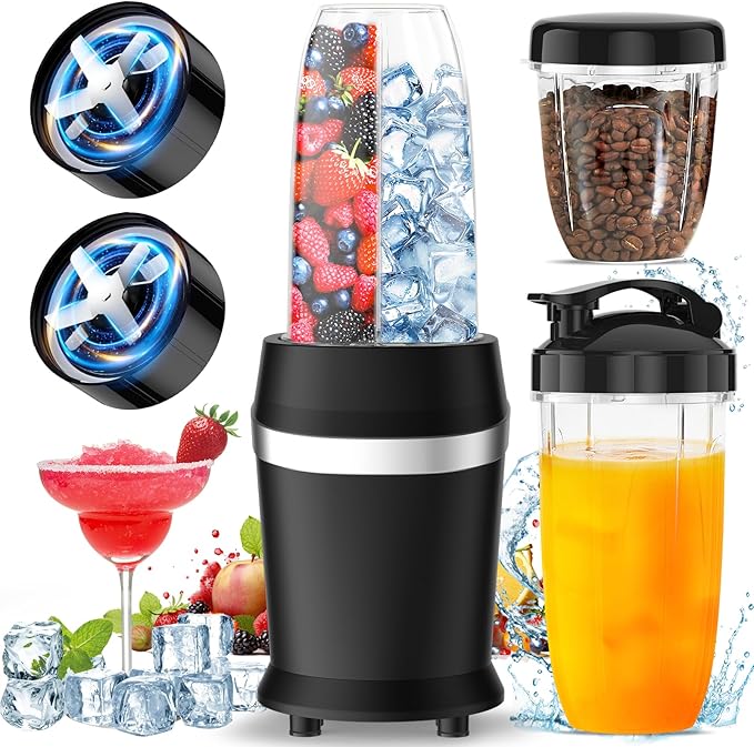 Colarlemo 12-Piece Smoothie Blender Maker 25,000 RPM Personal Blender for Ice Crushing Smoothies & Frozen Drinks Nuts with 23oz, 32oz, 37oz Portable Cups Two 6-Leaf Stainless Steel Blades, Matte Black