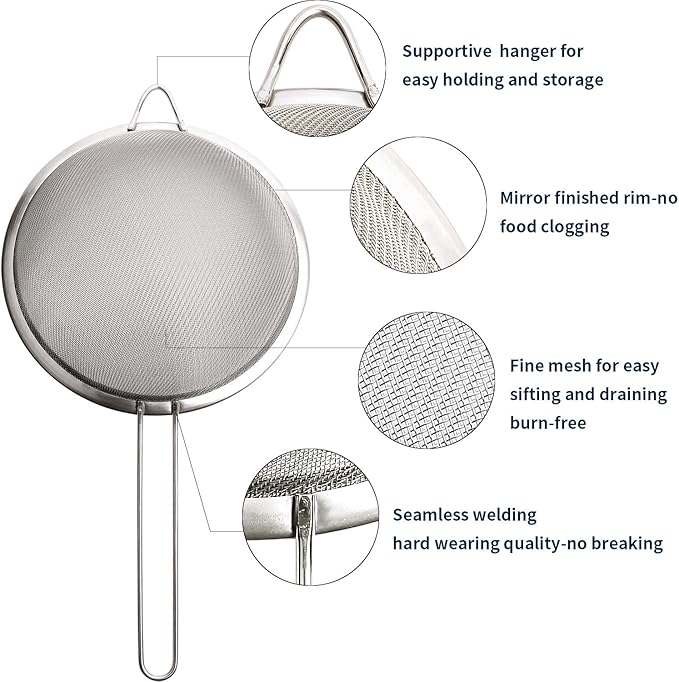 Supercenter Fine Mesh Strainer, Stainless Steel Fine Mesh Sieve, Set of 3 Small Strainers Fine Mesh for Kitchen, Silver Colander Sieve Sifter with Long Handle, 3.4", 5.8", 7.8"