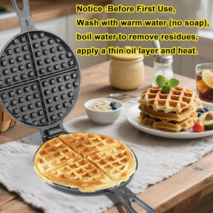 Cast Iron Waffle Maker for Stovetop or Camping Grill Two Piece Hinged Non Electric Waffle Iron Makes 7" Round Waffles