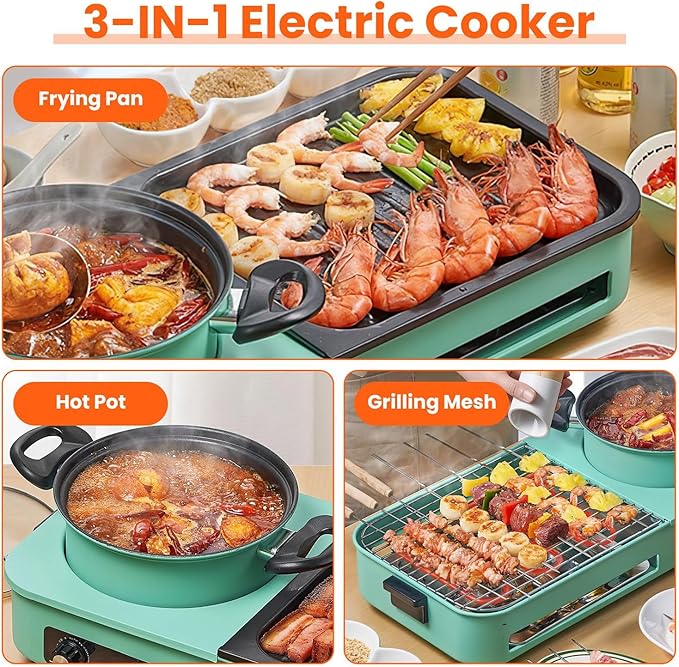 3-in-1 Electric Hot Pot with Grill & Fry Pan Combo - 1600W Fast Even Heating Non-stick Smokeless Indoor BBQ Grill - Easy to Clean - Dishwasher Safe - for 3-5 People